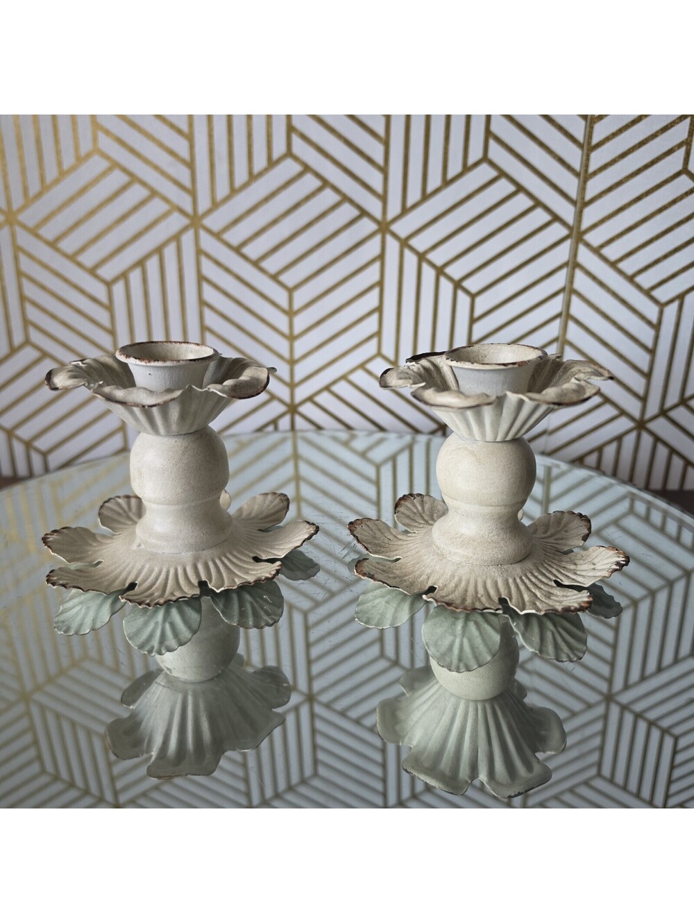 Vintage White Distressed Metal Floral French Country Candlestick Holders 4"